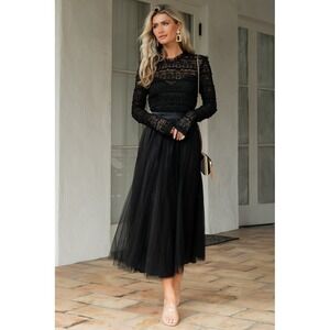 Baltic Born NWOT Lonnie Tulle Dress Black Lace Top Tulle Midi Long Sleeve XS